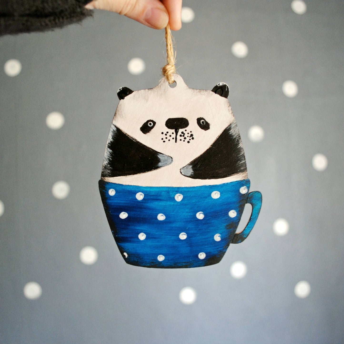 Panda Bear Blue Cup Wooden Ornament