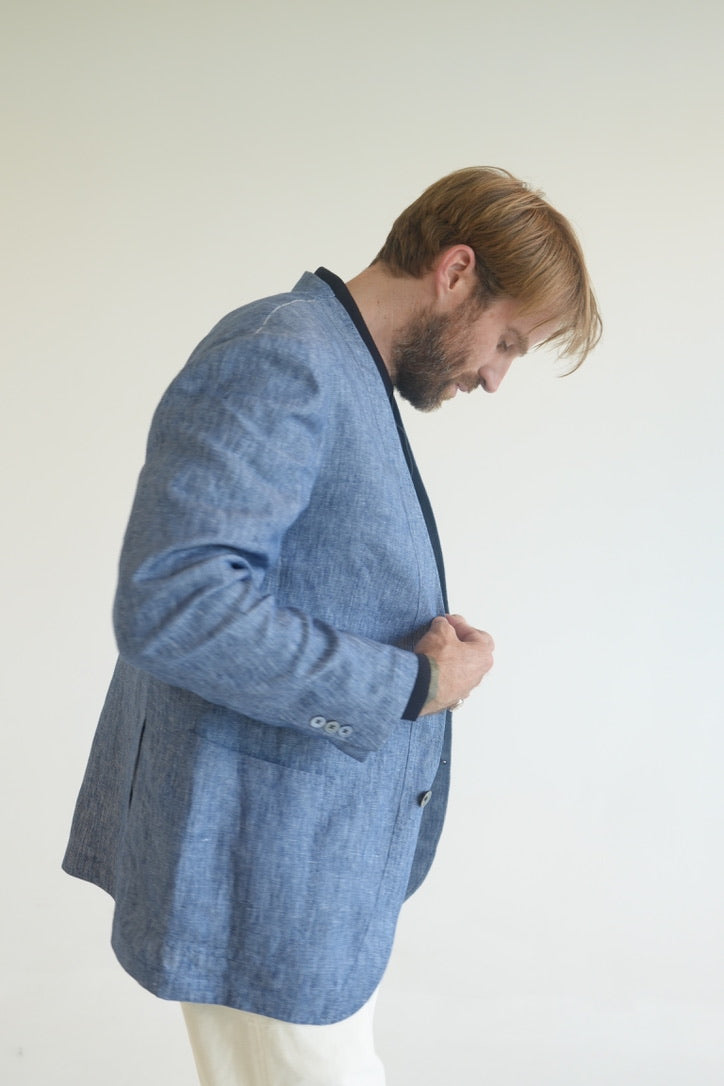 Ring Jacket Blue Linen Collarless Jacket