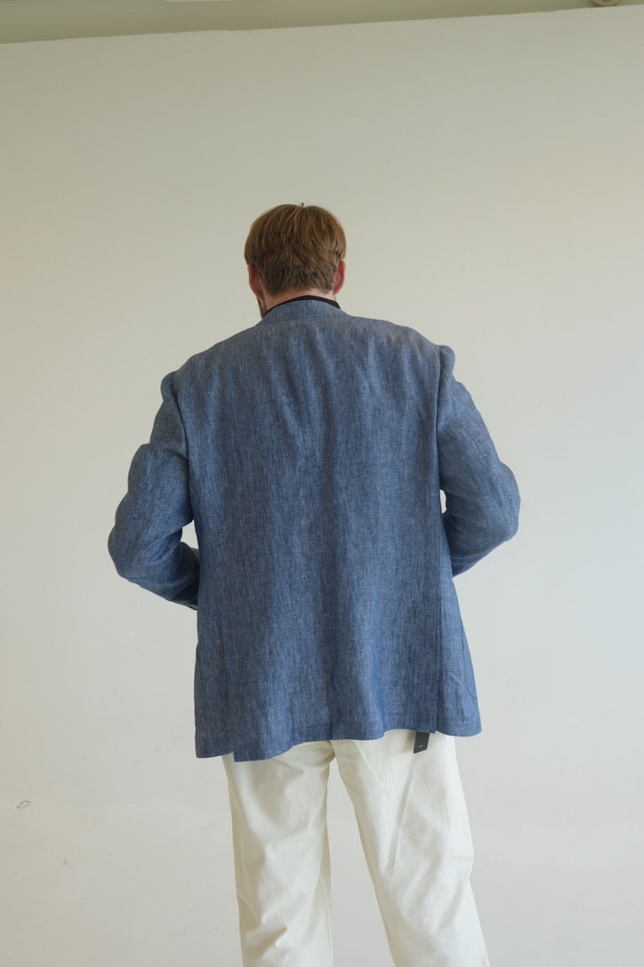 Ring Jacket Blue Linen Collarless Jacket