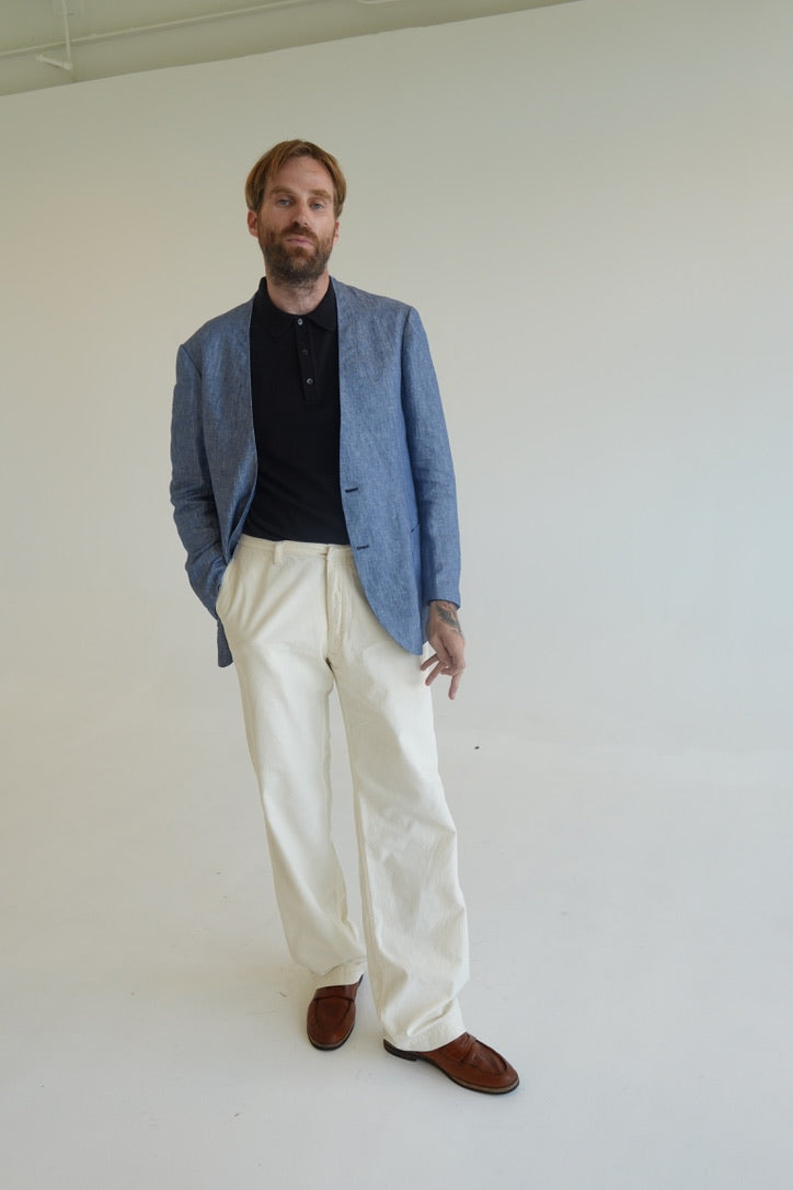 Ring Jacket Blue Linen Collarless Jacket