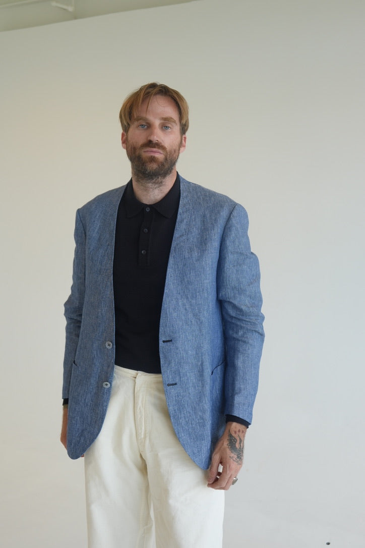 Ring Jacket Blue Linen Collarless Jacket