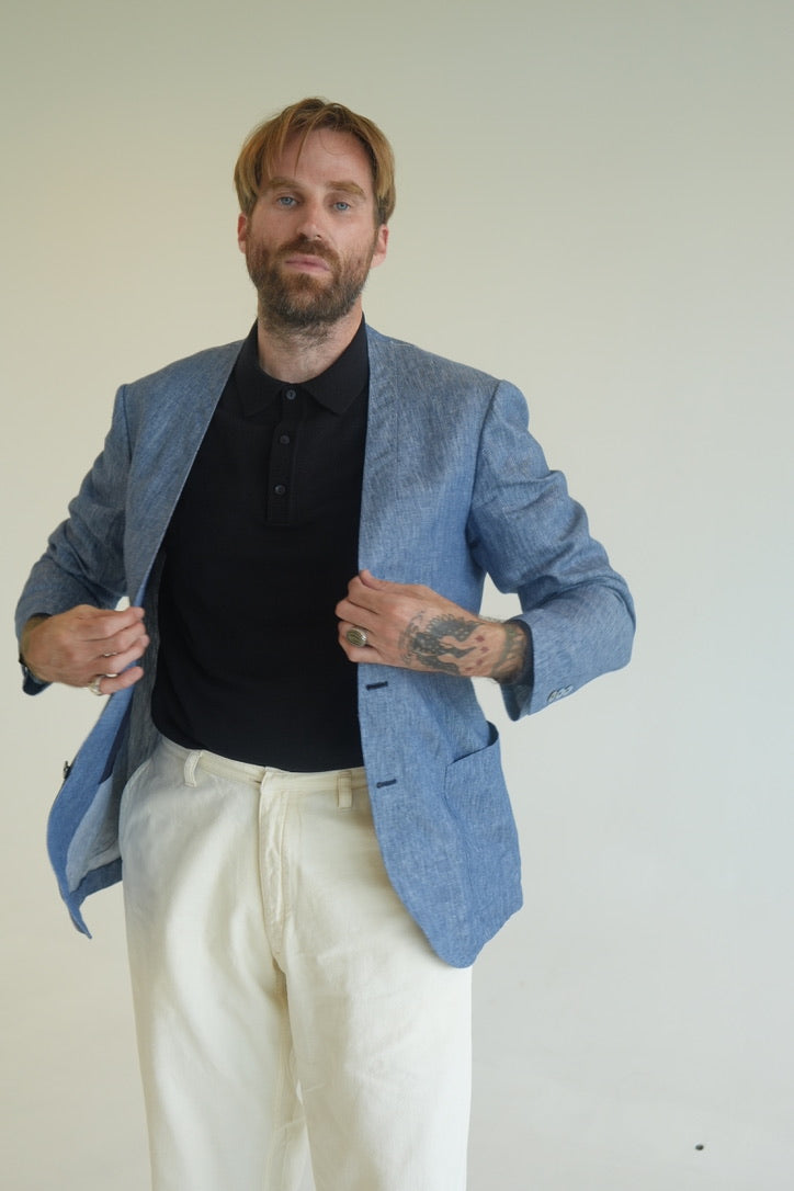 Ring Jacket Blue Linen Collarless Jacket