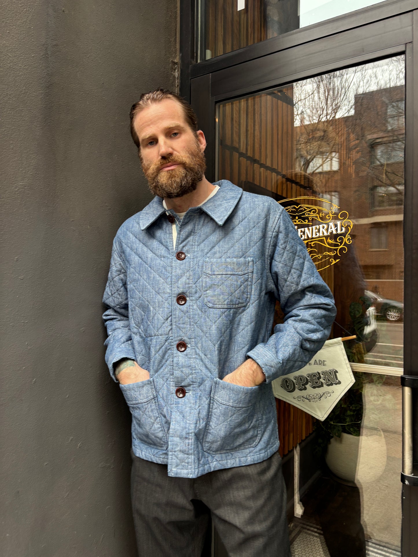 Fleurs De Bagne Quilted Chambray Bourgeron Jacket