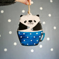 Panda Bear Blue Cup Wooden Ornament
